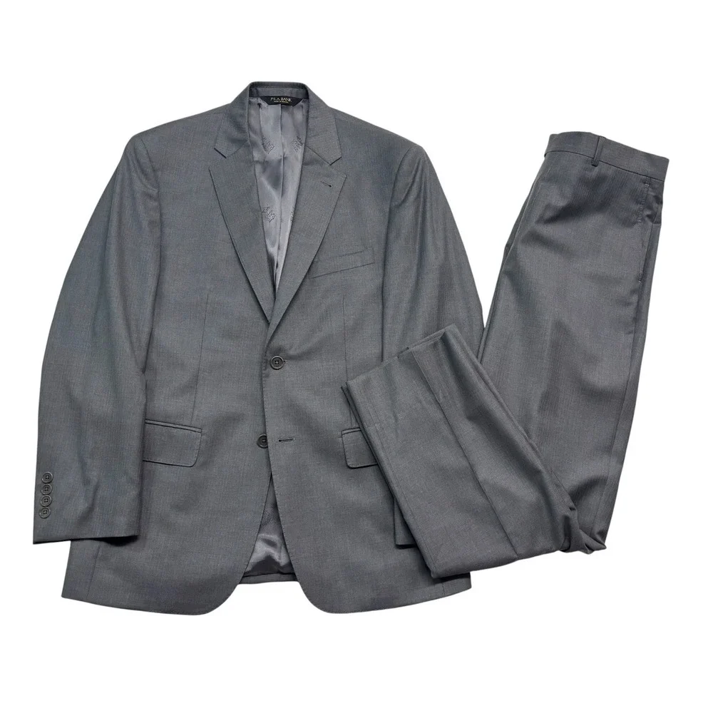 Jos A Bank 40R 34x31 Gray Micro Herringbone 2pc Pant Suit Signature Gold Wool